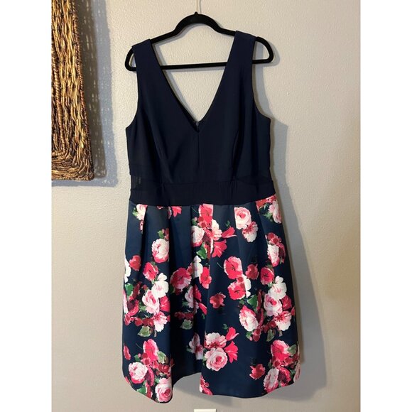 XScape A Line Dress 16W Navy Blue Floral Stretch Career Church Wedding Party - Picture 8 of 9